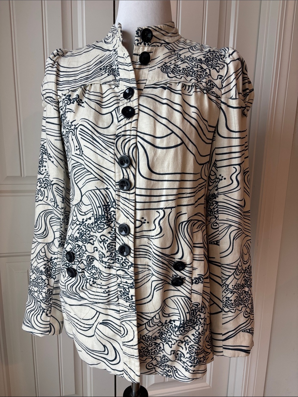 Anthropologie Elevenses Steamfest Wave Print Linen Blend Jacket Coat Size 4